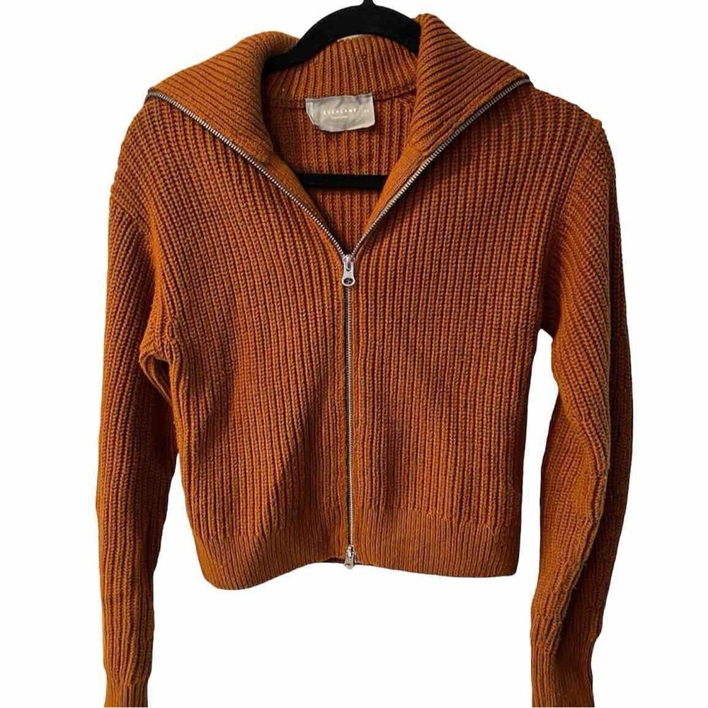 Everlane Zip Front Cardigan Sweater Womens Sz XS Camel Brown Chunky Cotton Retro
